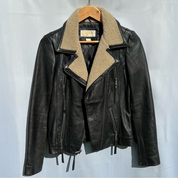 Michael Kors Jacket 100% Genuine Leather Aviator Zipped Jacket Sherpa Collar A1 - Picture 4 of 10
